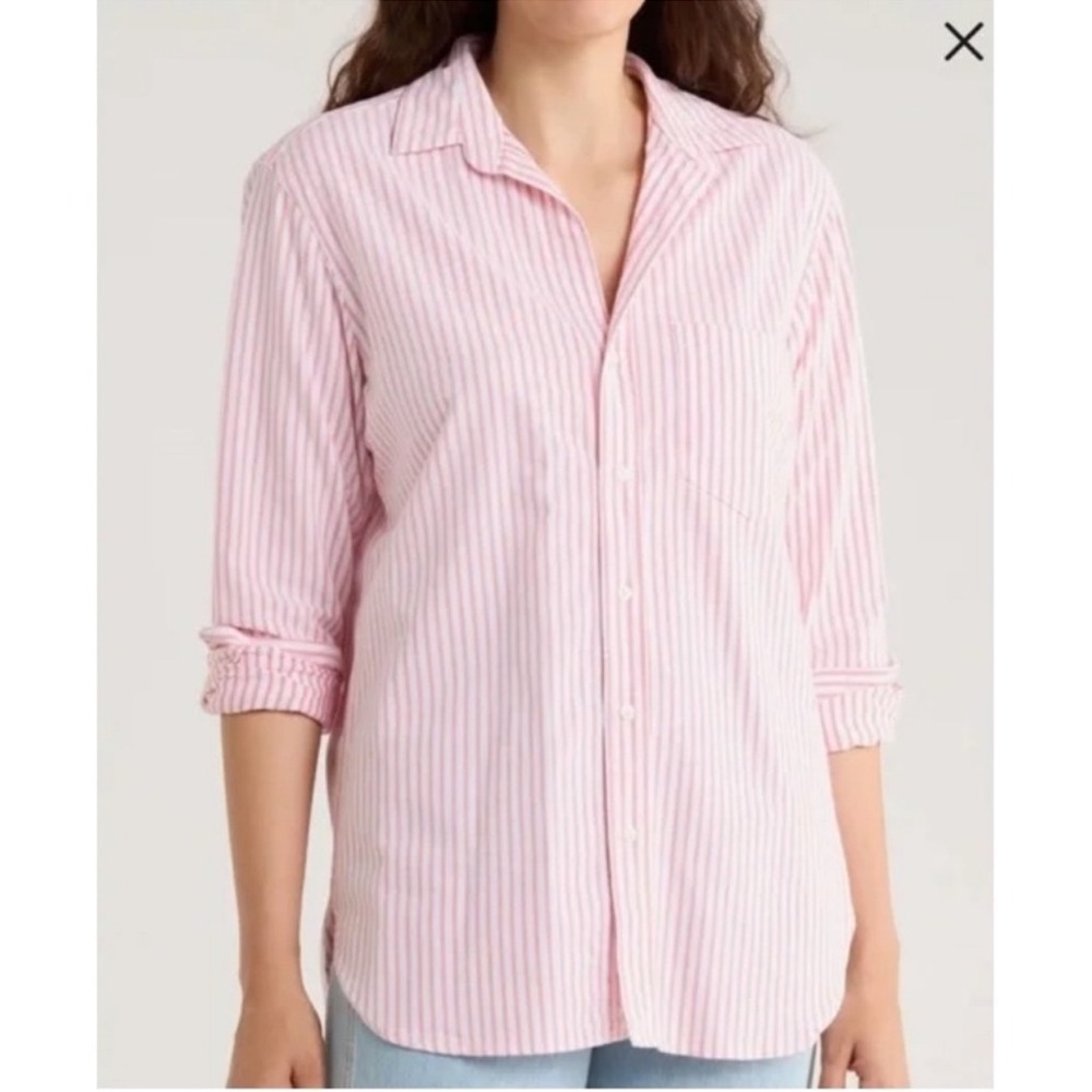 FRANK & EILEEN women's eileen linen button up shirt in soft pink/white strip